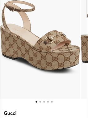 Gucci Brown GG Canvas Platform Sandals with Gold Horsebit